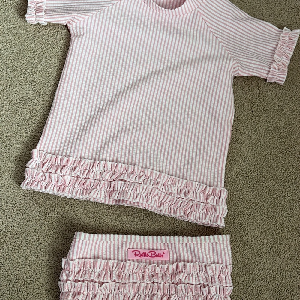 Ruffle Butts Pink and White Striped Ruffle Swim Set